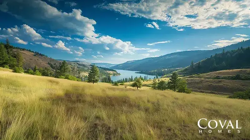 A scenic landscape view from a gently sloping hillside covered in tall, golden grass. Scattered dark green pine trees dot the landscape, leading down to a long, bright blue lake nestled in a valley between rolling, forested mountains. The scene is set under a vibrant blue sky filled with puffy white clouds that cast soft shadows on the hills below. The logo "COVAL HOMES" is displayed in the bottom right corner.