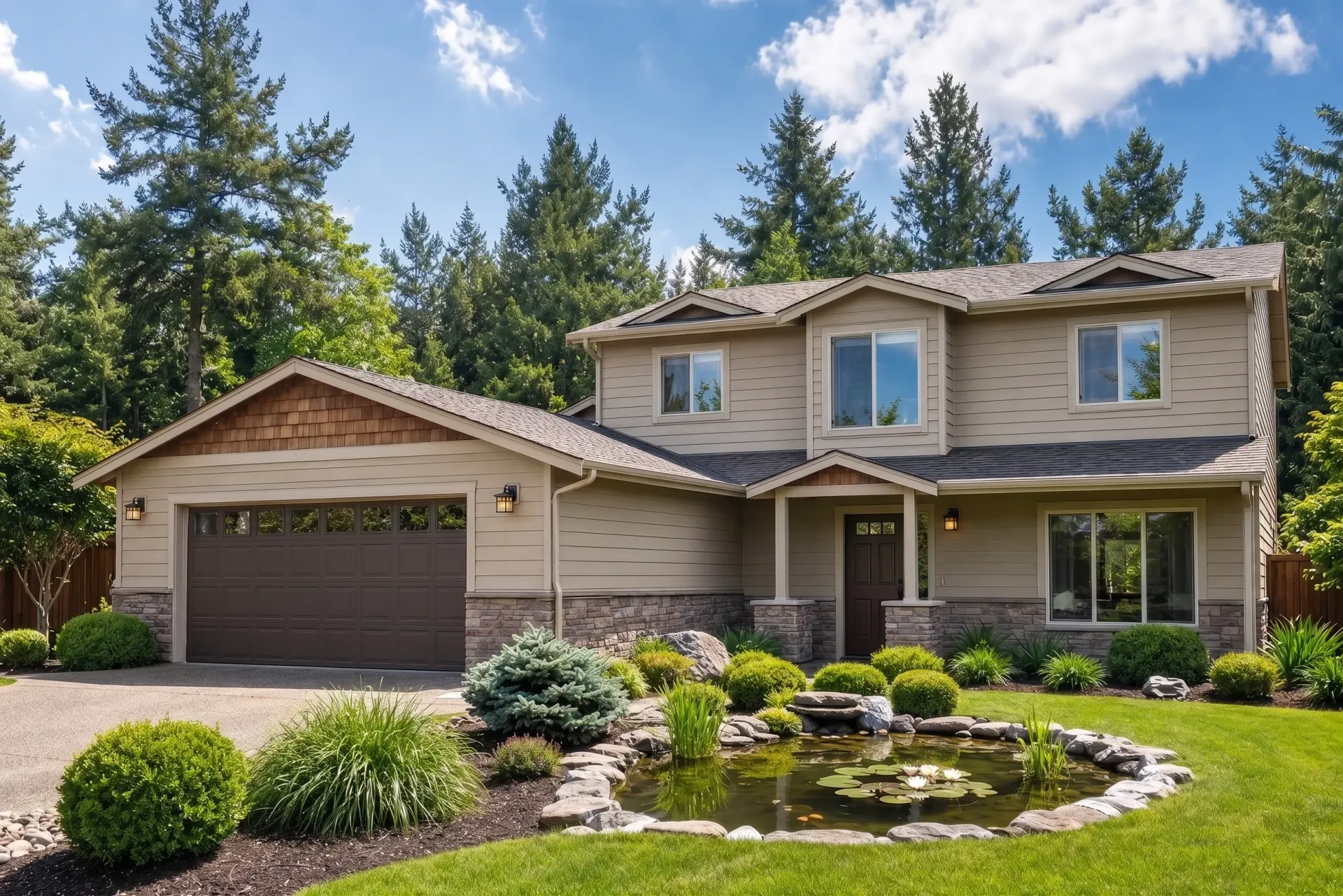 Coval Homes  Two-story beige suburban house with attached garage, front lawn, and trees under a bright sky