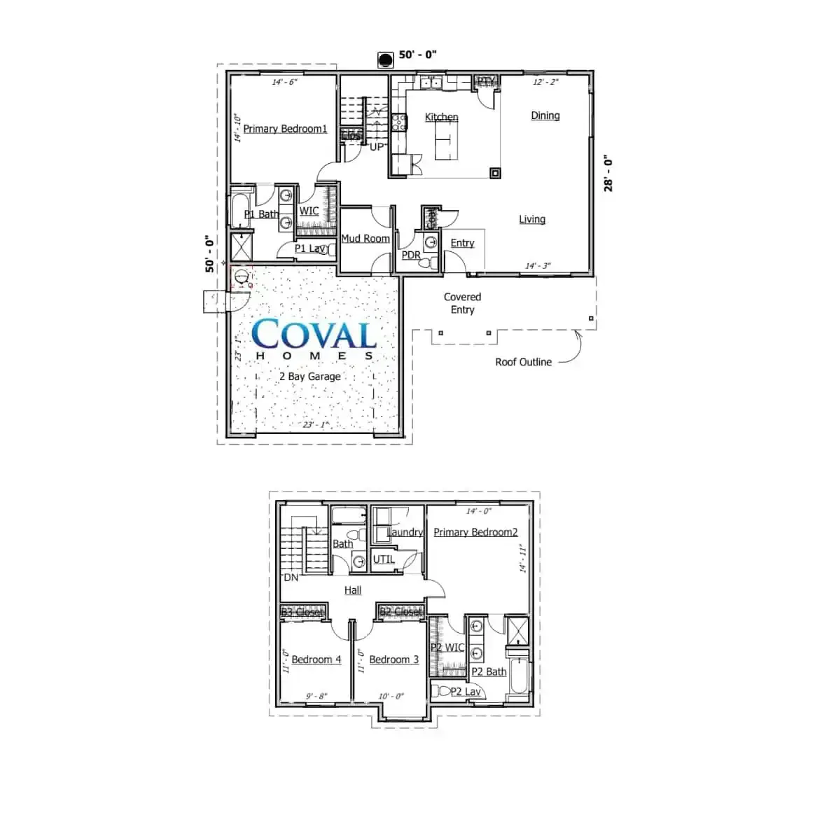 Two black-and-white house floor plans, one above the other, with a large blue COVAL watermark on the top plan