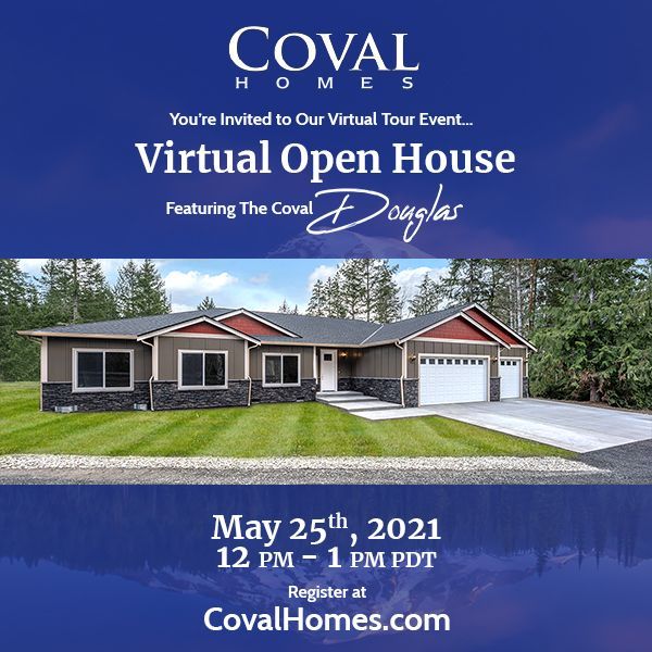 Coval Homes Virtual Open House flyer featuring a gray house and May 25, 2021 event details