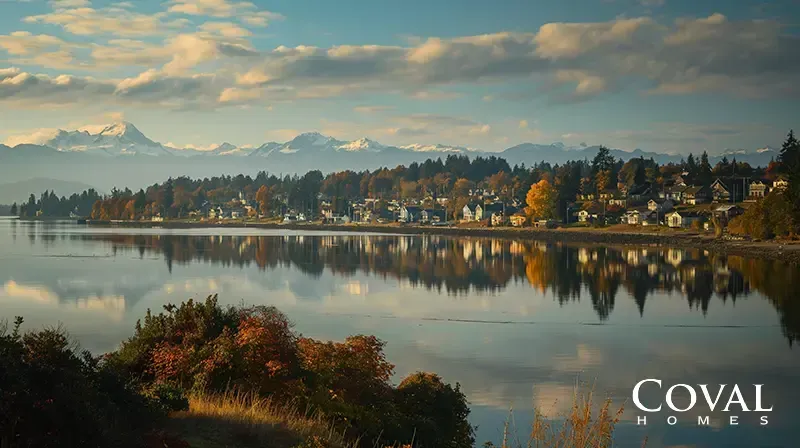 A serene view of a picturesque waterfront town nestled along a calm body of water. The shoreline is lined with houses and trees displaying vibrant autumn colors of yellow, orange, and dark green, all perfectly reflected in the smooth, mirror-like water. In the background, a majestic range of snow-capped mountains rises against a soft blue sky filled with scattered, warmly illuminated clouds. The logo "COVAL HOMES" is displayed in the bottom right corner.
