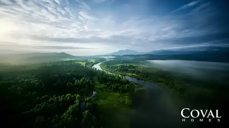 An expansive aerial view of a calm river winding through a vast, dense, dark green forest. A thick layer of ethereal white mist rolls low over the trees on the right side of the river, while the left side of the valley is illuminated by soft, hazy sunlight breaking through a textured, cloudy sky. In the distance, the dark silhouettes of rolling mountains fade into the atmospheric haze along the horizon. The logo "COVAL HOMES" is displayed in the bottom right corner.