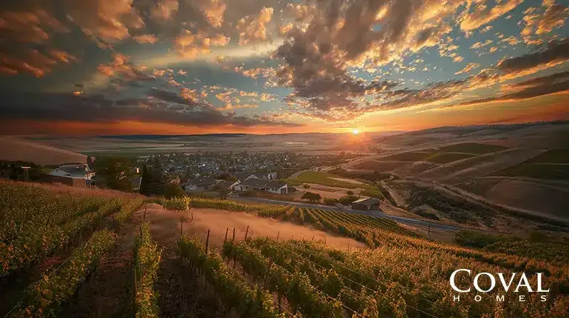 An elevated, scenic view from a hillside vineyard with neat rows of grapevines catching the warm, golden light of the sun in the foreground. Below, a small town is nestled in a wide valley surrounded by expansive, rolling agricultural fields. The bright sun is setting on the distant horizon, casting a brilliant glow across a dramatic sky filled with textured clouds in vibrant shades of orange, gold, and dark gray. The logo "COVAL HOMES" is displayed in the bottom right corner.