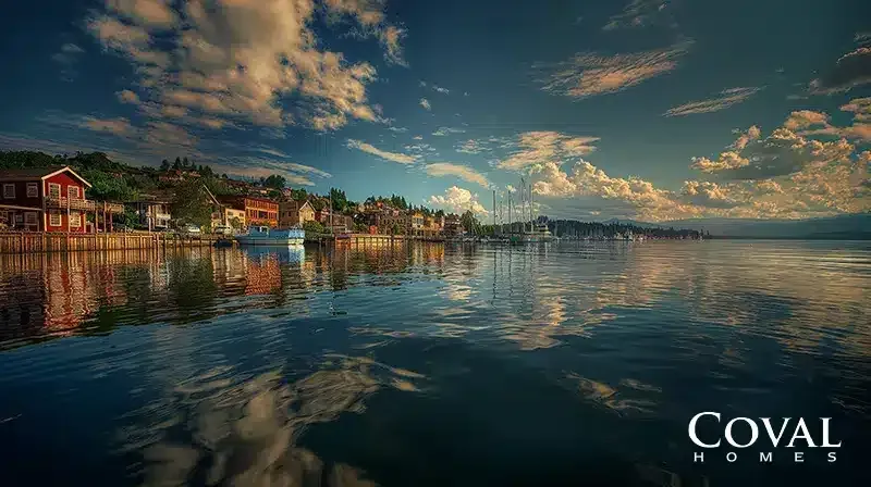 A picturesque waterfront scene featuring a coastal town built along a calm, dark blue bay or lake. On the left shoreline, a prominent two-story red building sits on a wooden dock over the water, alongside other charming buildings nestled into a gently sloping, wooded hillside. Several boats are docked near the shore, with a marina of sailboat masts visible further down the coast. The smooth water beautifully reflects the shoreline and a dramatic sky filled with large, golden-lit cumulus clouds against a deep blue sky. The logo "COVAL HOMES" is displayed in the bottom right corner.