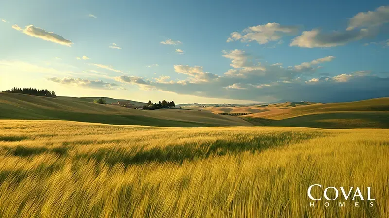 A vast, tranquil landscape featuring smooth, rolling hills covered in agricultural fields. In the foreground, a field of tall, bright golden wheat or grass is illuminated by the warm, low light of a sunrise or sunset. In the middle distance, a small farmstead and a cluster of dark trees are nestled in a valley between the gentle slopes. The scene is set under a clear blue sky dotted with scattered, softly lit clouds. The logo "COVAL HOMES" is displayed in the bottom right corner.
