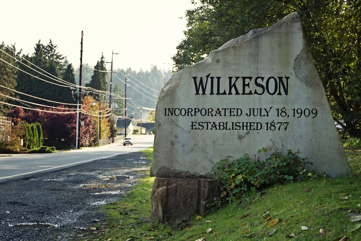 A large, rough-hewn stone monument sits on a grassy bank next to a paved road. Engraved on the stone in black lettering is "WILKESON", followed by "INCORPORATED JULY 18, 1909" and "ESTABLISHED 1877". In the background, the road stretches into the distance, lined with wooden utility poles, numerous power lines, and trees. A single car can be seen driving away down the road, and small puddles dot the gravel shoulder in the foreground.