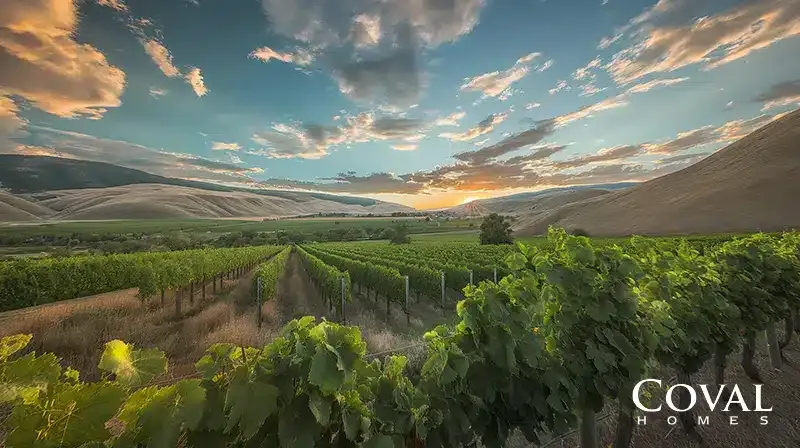 An elevated, scenic view looking down neat rows of lush green grapevines in a hillside vineyard. The vineyard gently slopes toward a wide valley floor covered in vibrant green fields, bordered on both sides by smooth, rolling, golden-brown hills. In the distance, a bright sun sits low on the horizon, radiating a warm, golden glow across a dynamic sky filled with scattered clouds tinged with orange and yellow. The logo "COVAL HOMES" is displayed in the bottom right corner.