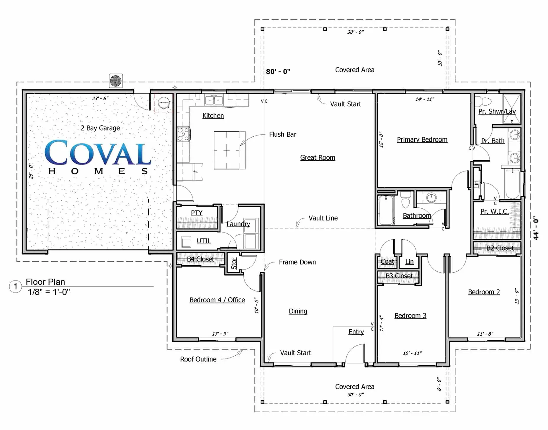 Floor plan of a COVAL Homes house layout with labeled rooms and garage.