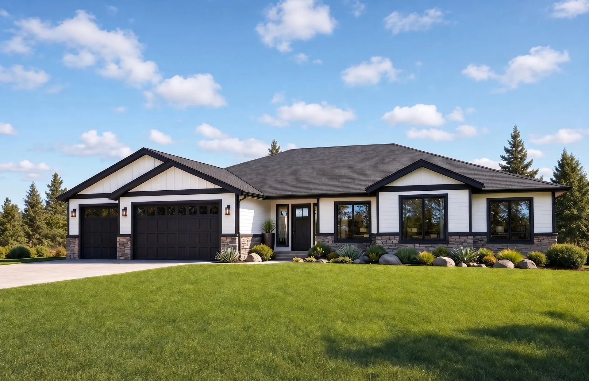 Single-story suburban house with a gray roof, beige siding, attached garage, and large green lawn.