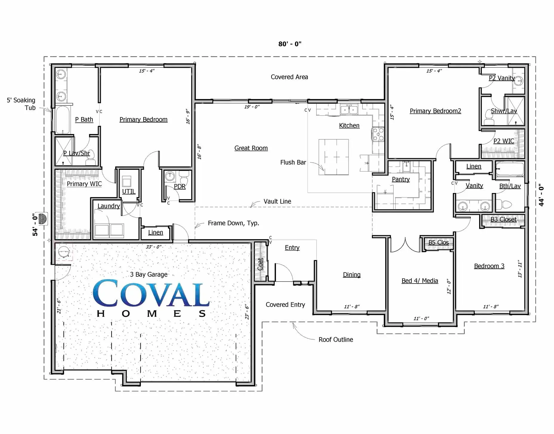 Floor plan of a Coval Homes house layout with labeled rooms and dimensions.