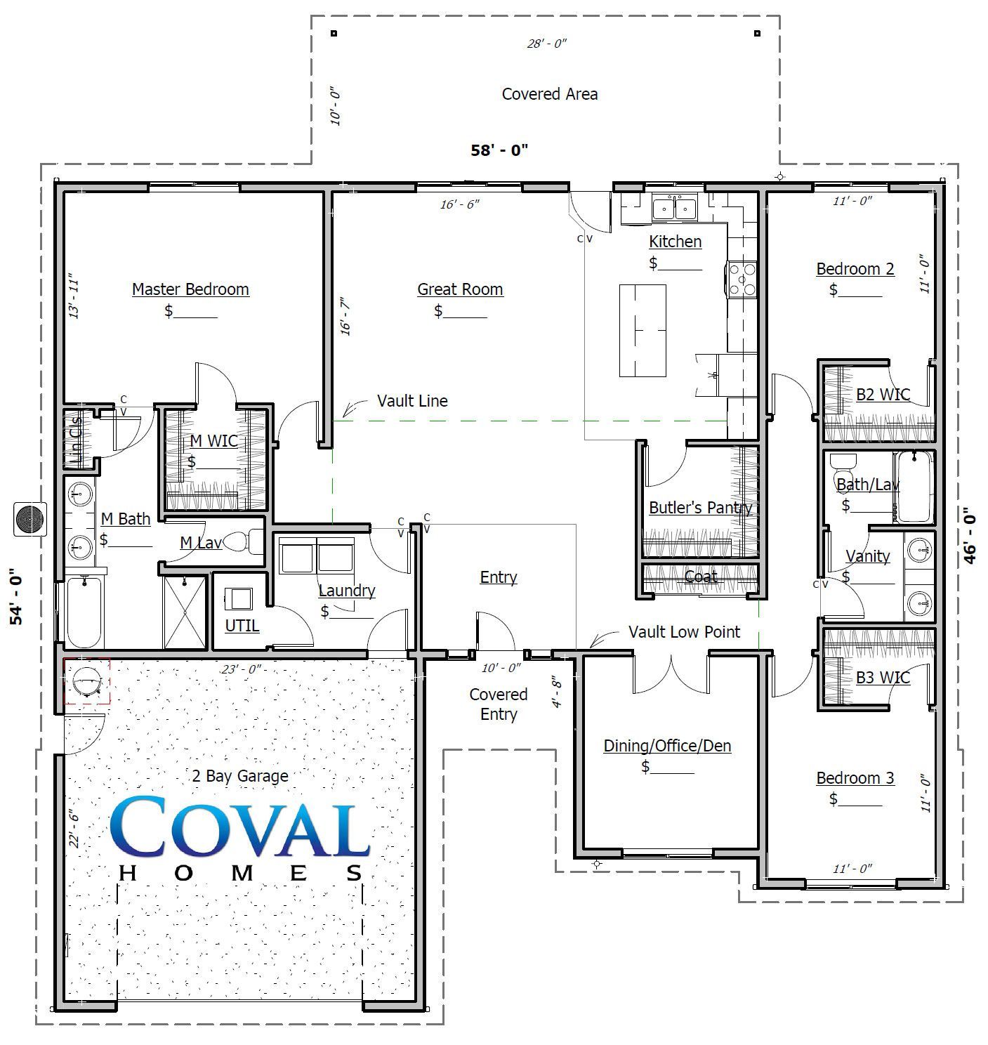 Black-and-white house floor plan labeled Coval Homes with multiple rooms and measurements