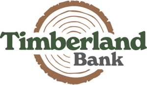 Timberland Bank logo with brown ring and green and gray text on white background