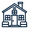 Simple navy outline of a house with windows, door, chimney, and bushes around it.