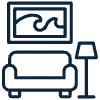 Simple line icon of a couch, framed wall art, and floor lamp in a living room.