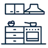 Black-and-white line icon of a kitchen with cabinets, sink, stove, and shelves.