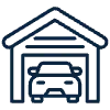 Car parked inside a garage icon, outlined in dark blue on a white background.
