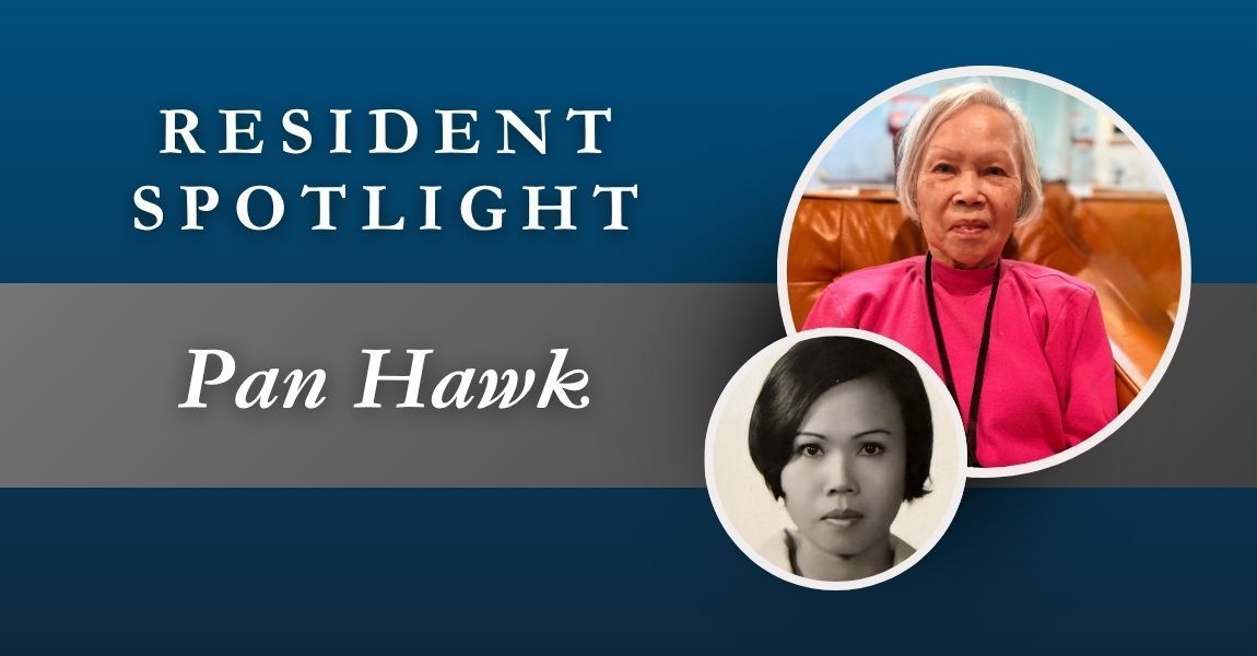 Resident spotlight graphic for Pan Hawk with two circular portrait photos on a blue background
