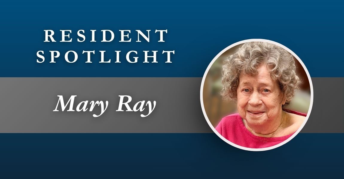 Resident spotlight banner with the name Mary Ray and a small portrait on a blue background