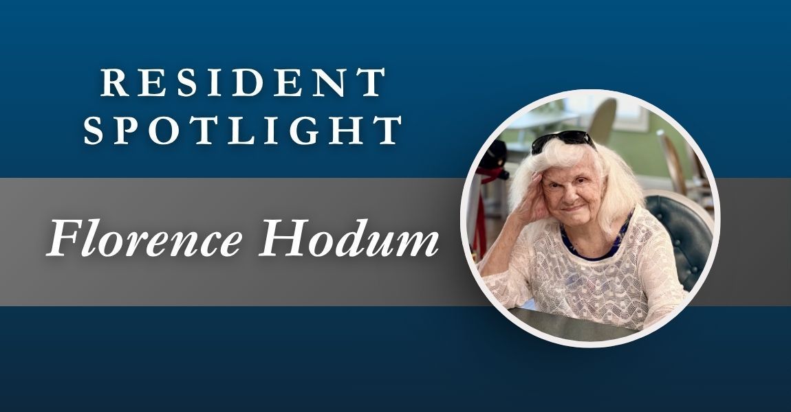 Resident Spotlight banner with Florence Hodum and a circular portrait on a blue background