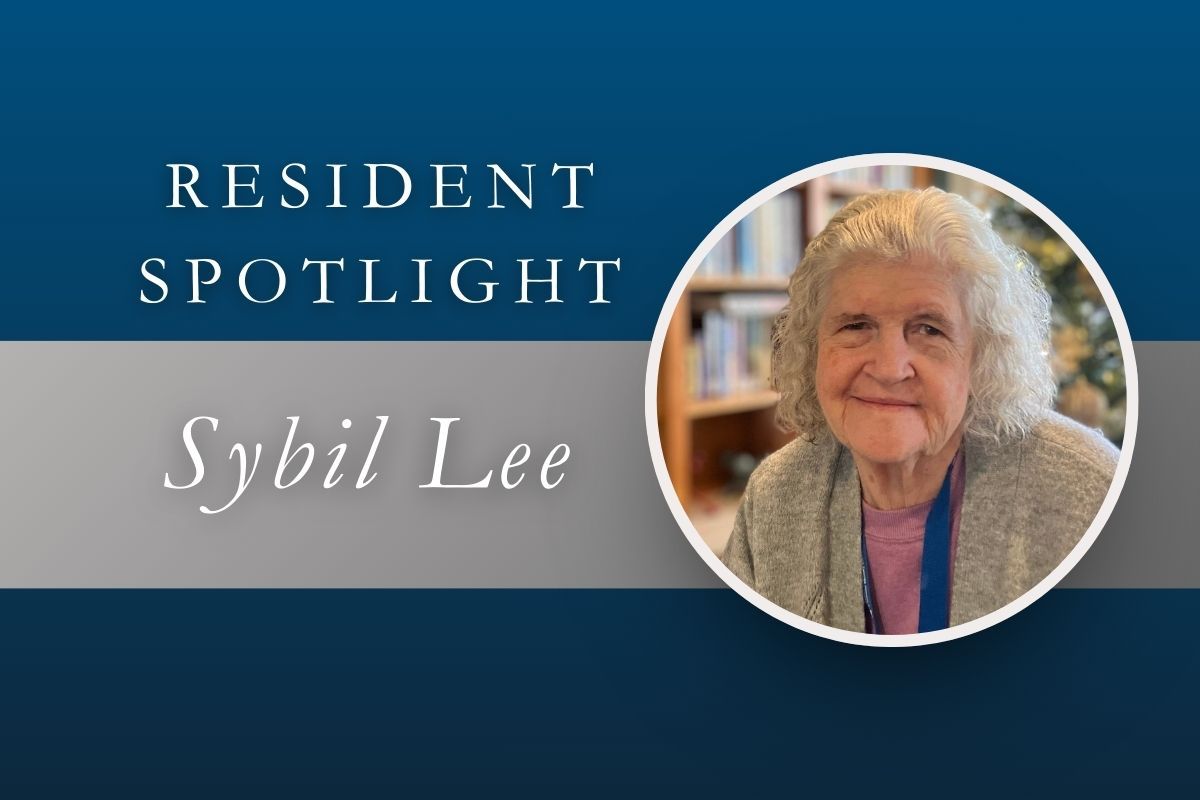 Resident spotlight on Sybil Lee. A woman with white curly hair smiles. Text over a blue and gray background.