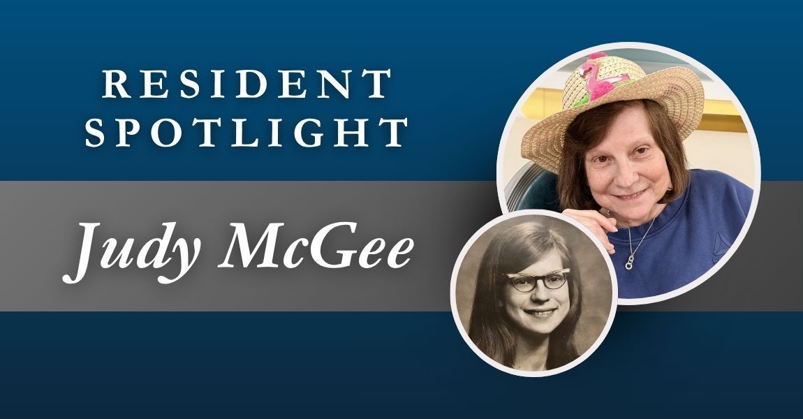 Resident spotlight banner for Judy McGee with two circular portrait photos on a blue background