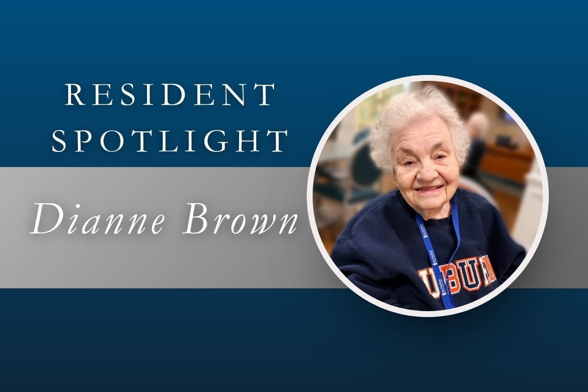 Resident Spotlight: Dianne Brown. Elderly woman smiles, wearing a navy sweater. White and blue background.