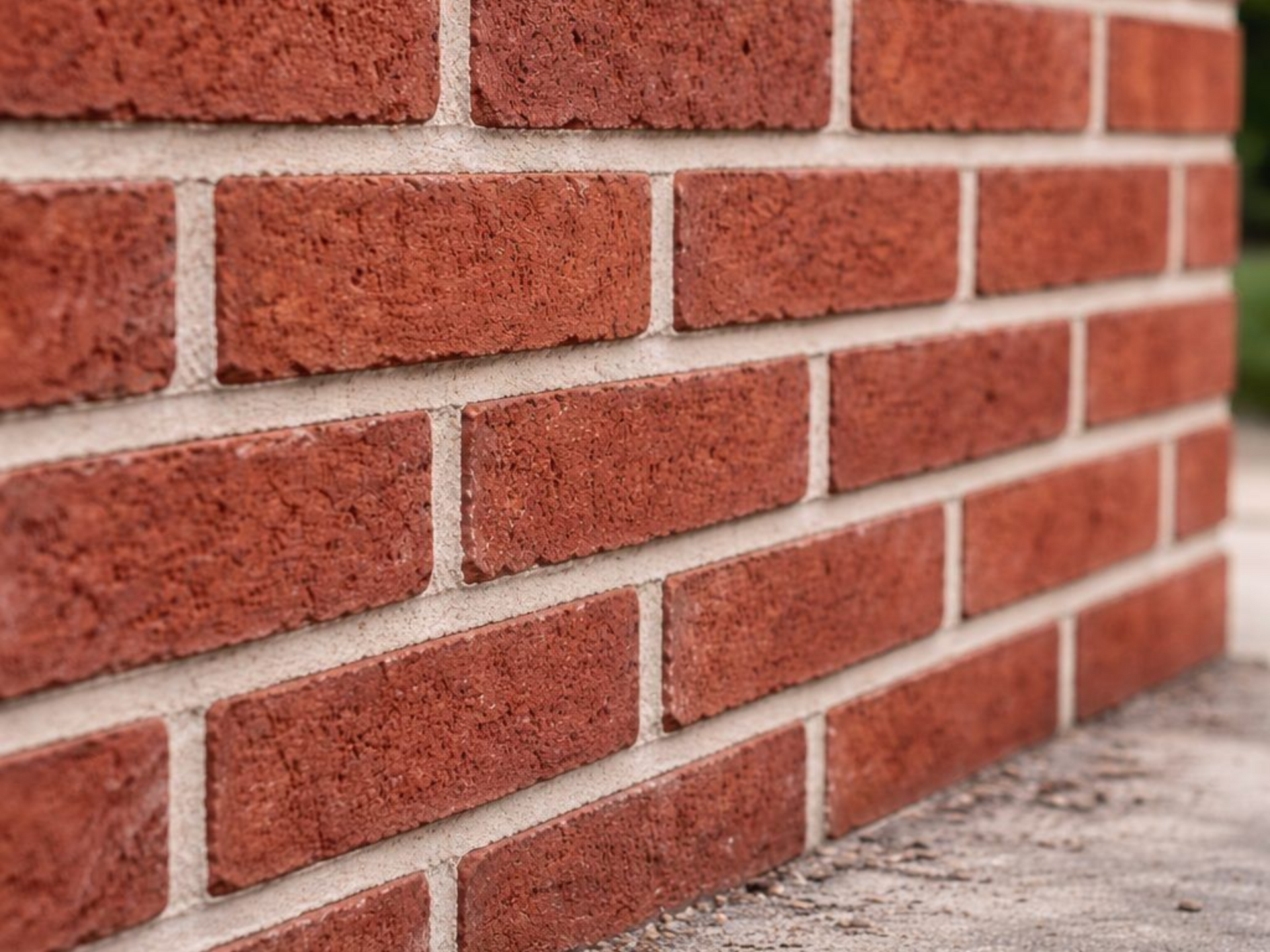 Close-up of a red brick wall with light gray mortar along a concrete ground
