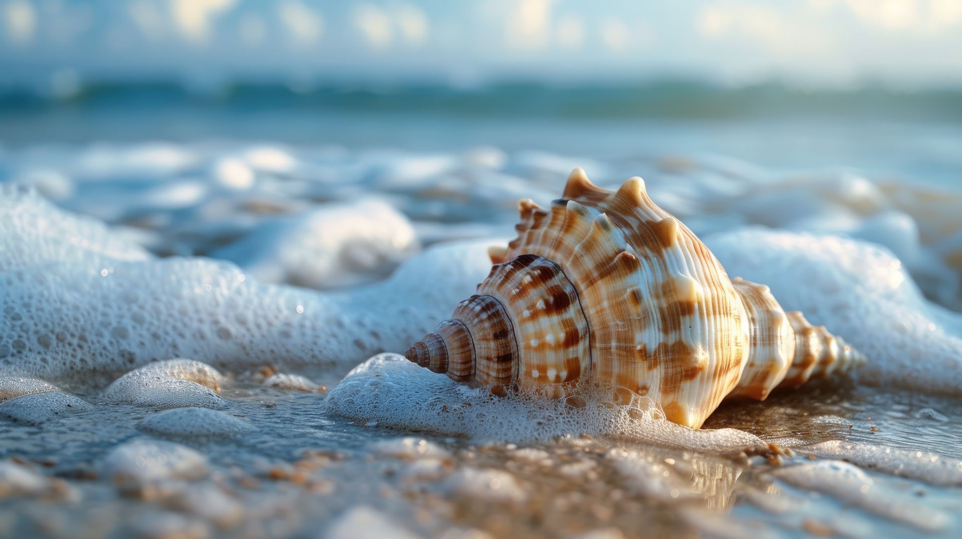 A sea shell is sitting on the beach in the waves.