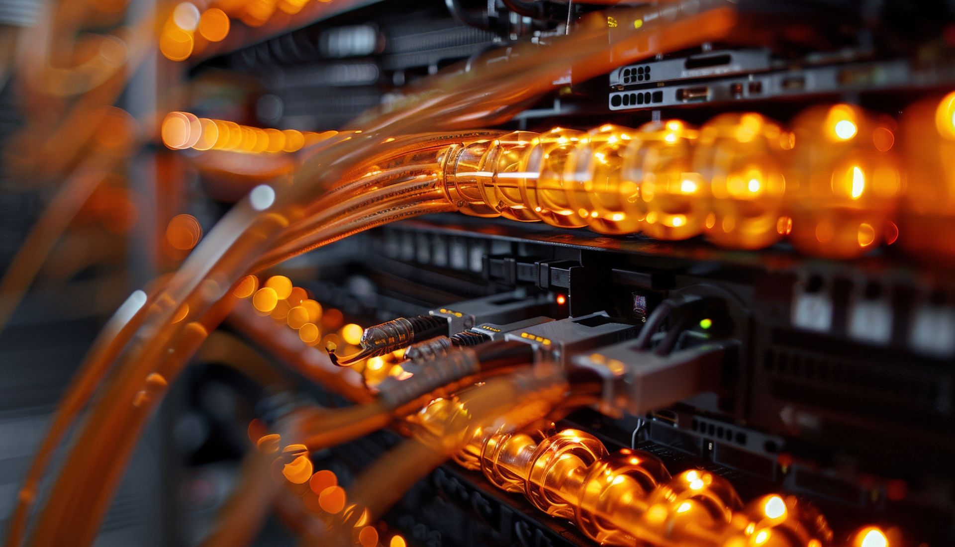 Server rack with orange fiber optic cables lit up.