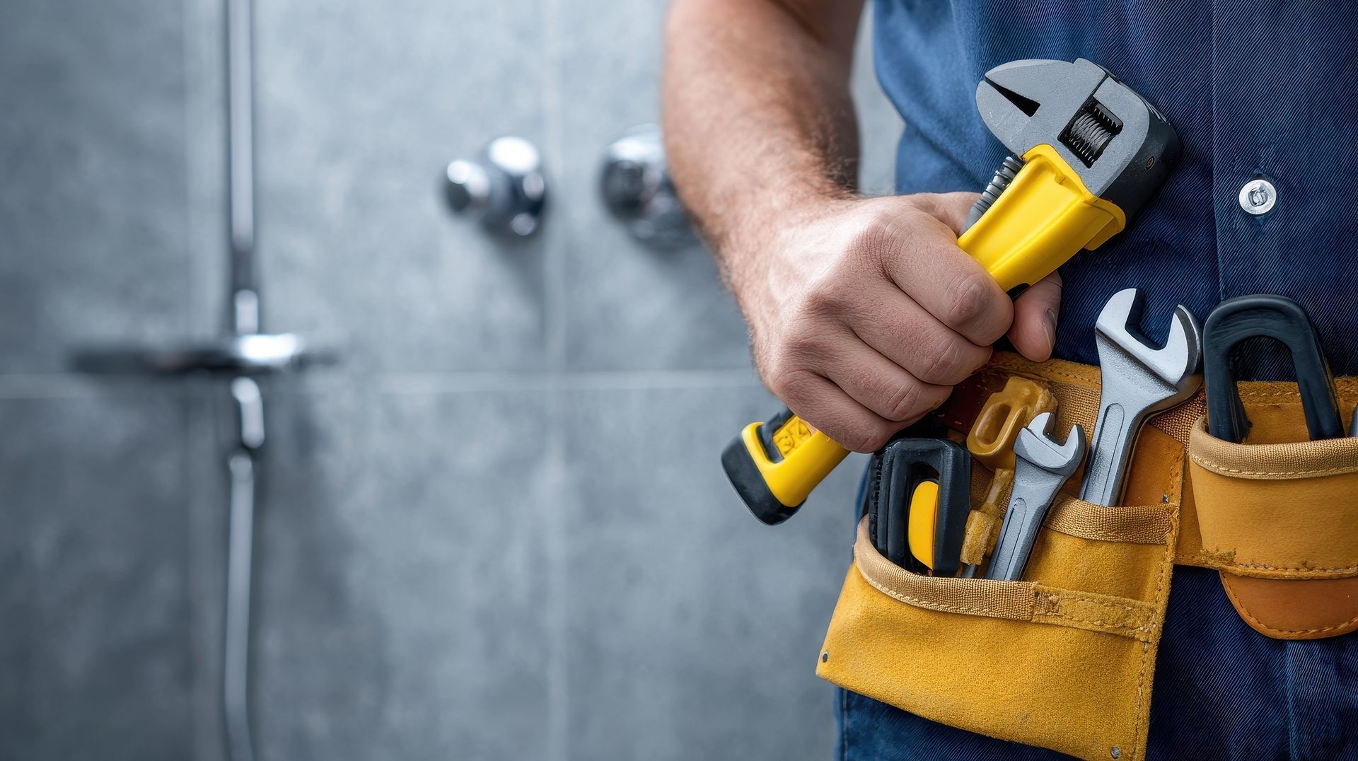 Plumber Holding Adjustable Wrench with Tool Belt in Modern Bathroom 