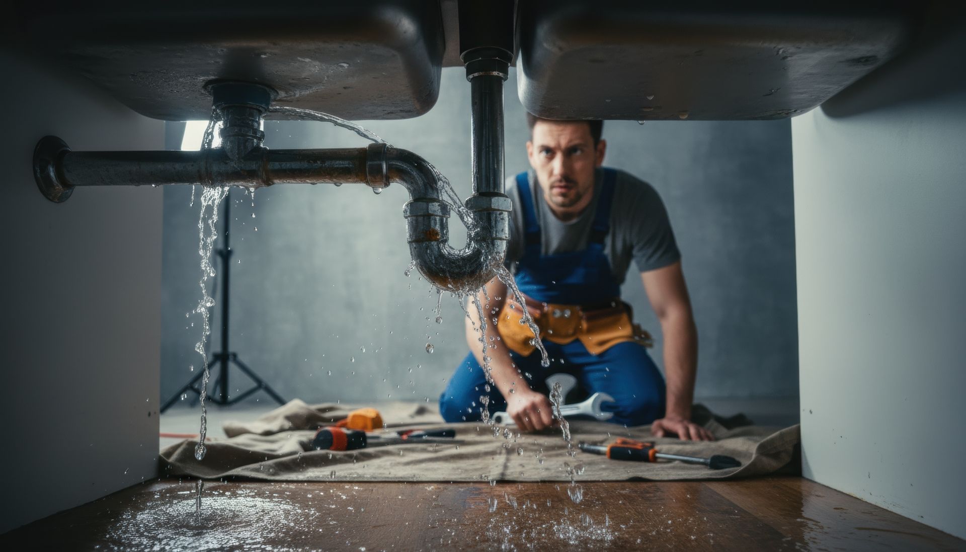 Plumber fixing a leaking pipe under a sink during an emergency repair.