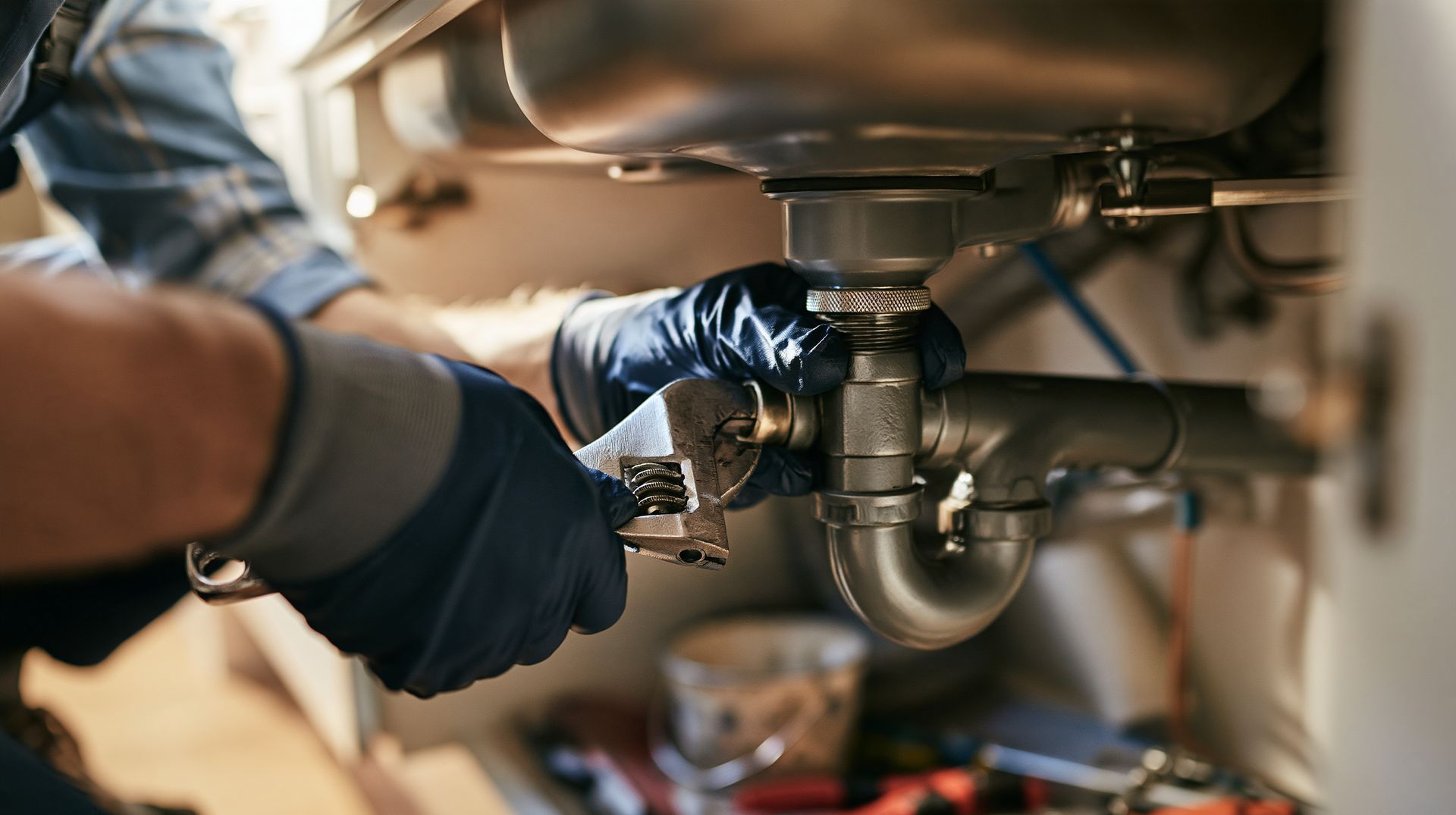 Plumber tightening a pipe fitting during a plumbing repair under a kitchen sink
