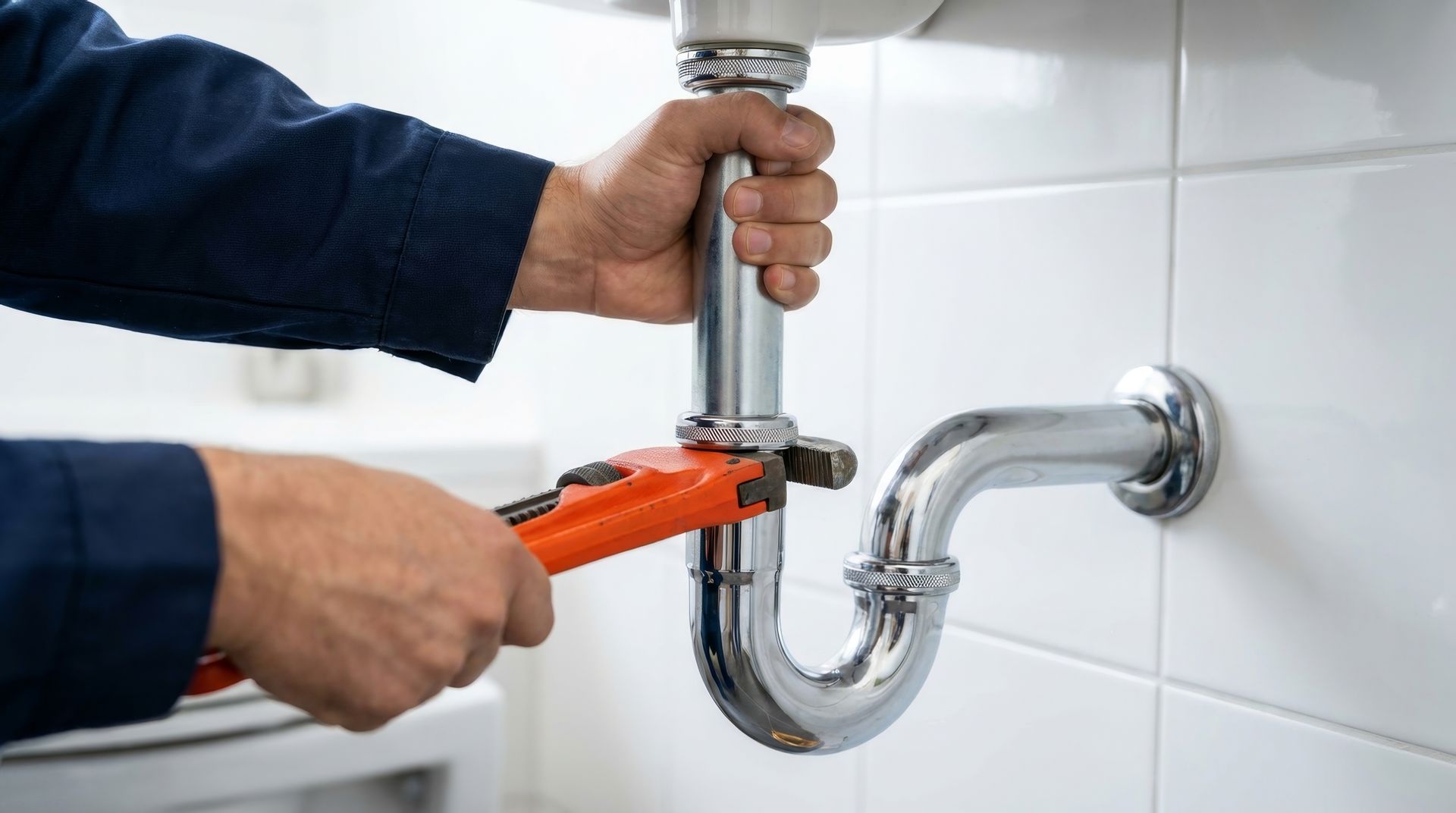 Plumbing repair contractor using a wrench to fix a pipe under a sink