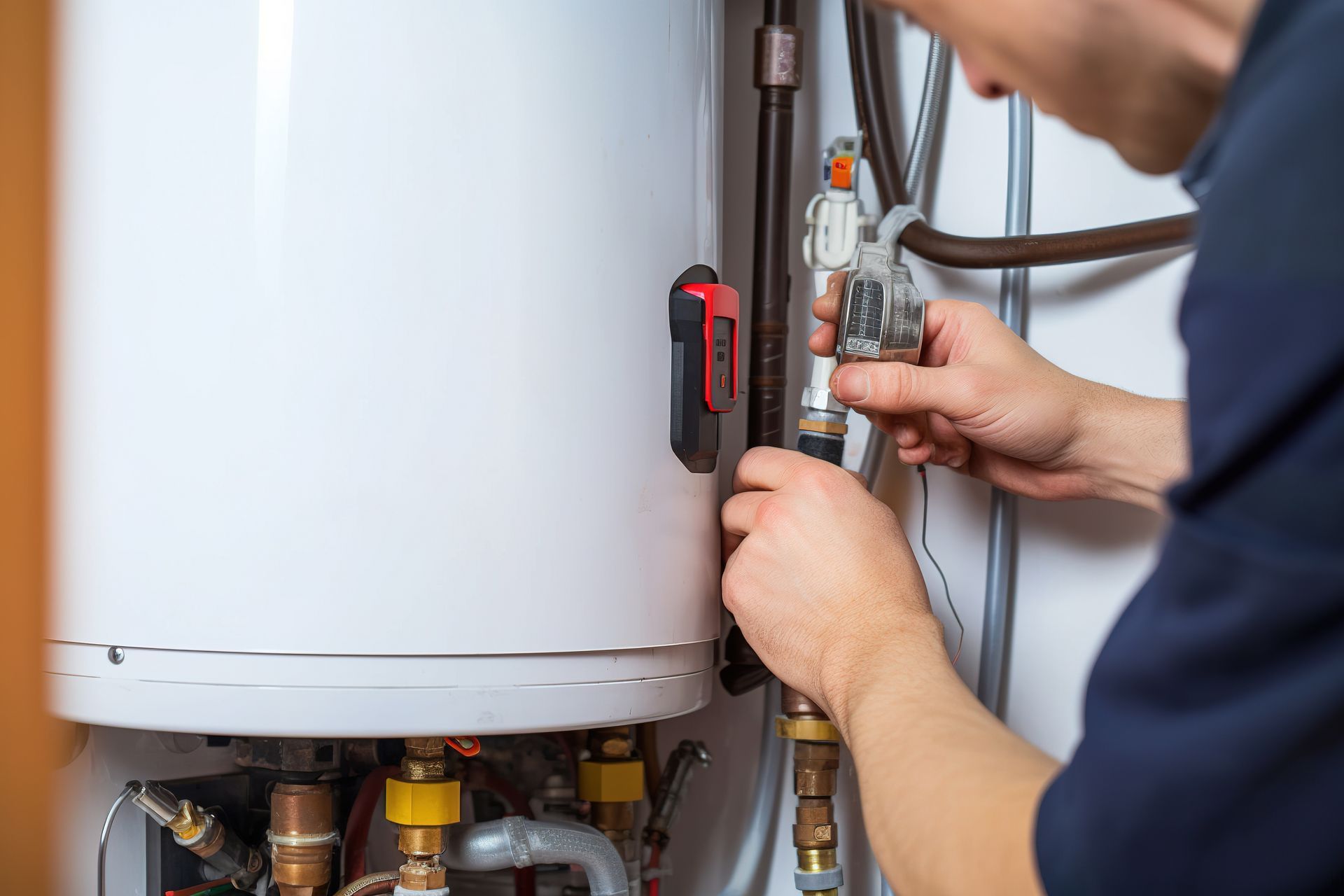 A technician adjusts plumbing connections on a white residential water heater.