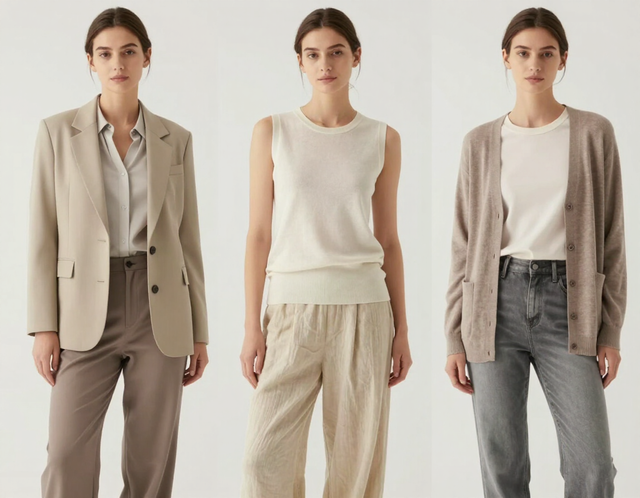 Tres conjuntos de modelos en tonos beige y neutros sobre un fondo blanco.