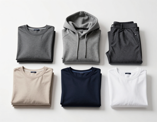 Seis camisas dobladas y una sudadera con capucha en colores neutros dispuestas en dos filas sobre una superficie blanca.