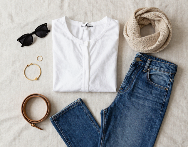 Composición cenital de camisa blanca, vaqueros azules, gafas de sol, sombreros y accesorios dorados sobre un fondo claro.