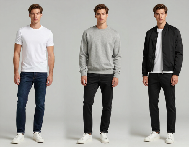 Tres hombres modelando atuendos informales: camiseta blanca, sudadera gris y chaqueta negra sobre un fondo de estudio claro.