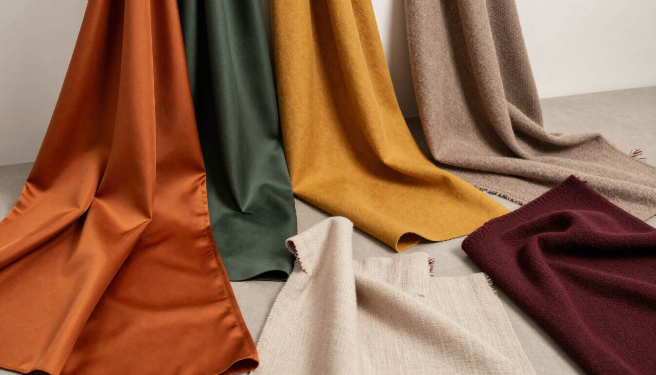 Muestras de tela drapeadas en naranja, verde, mostaza, beige y burdeos dispuestas sobre una superficie blanca.