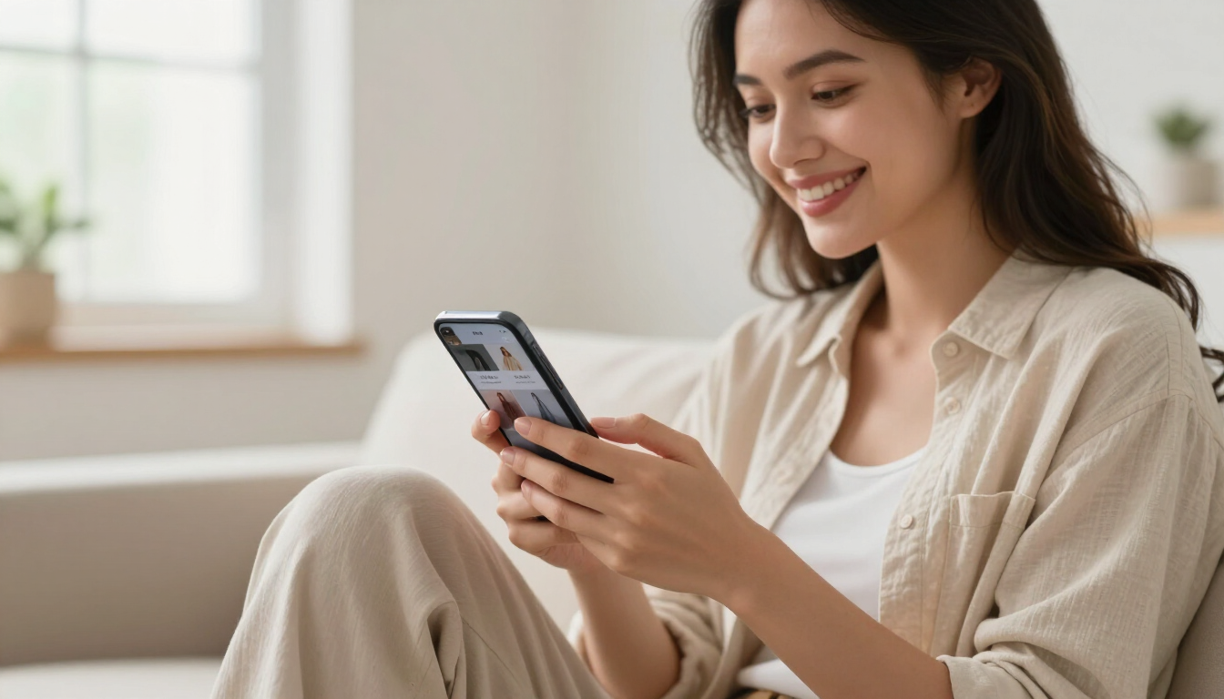 Mujer sonriendo a un teléfono inteligente en un sofá beige en una sala de estar luminosa.