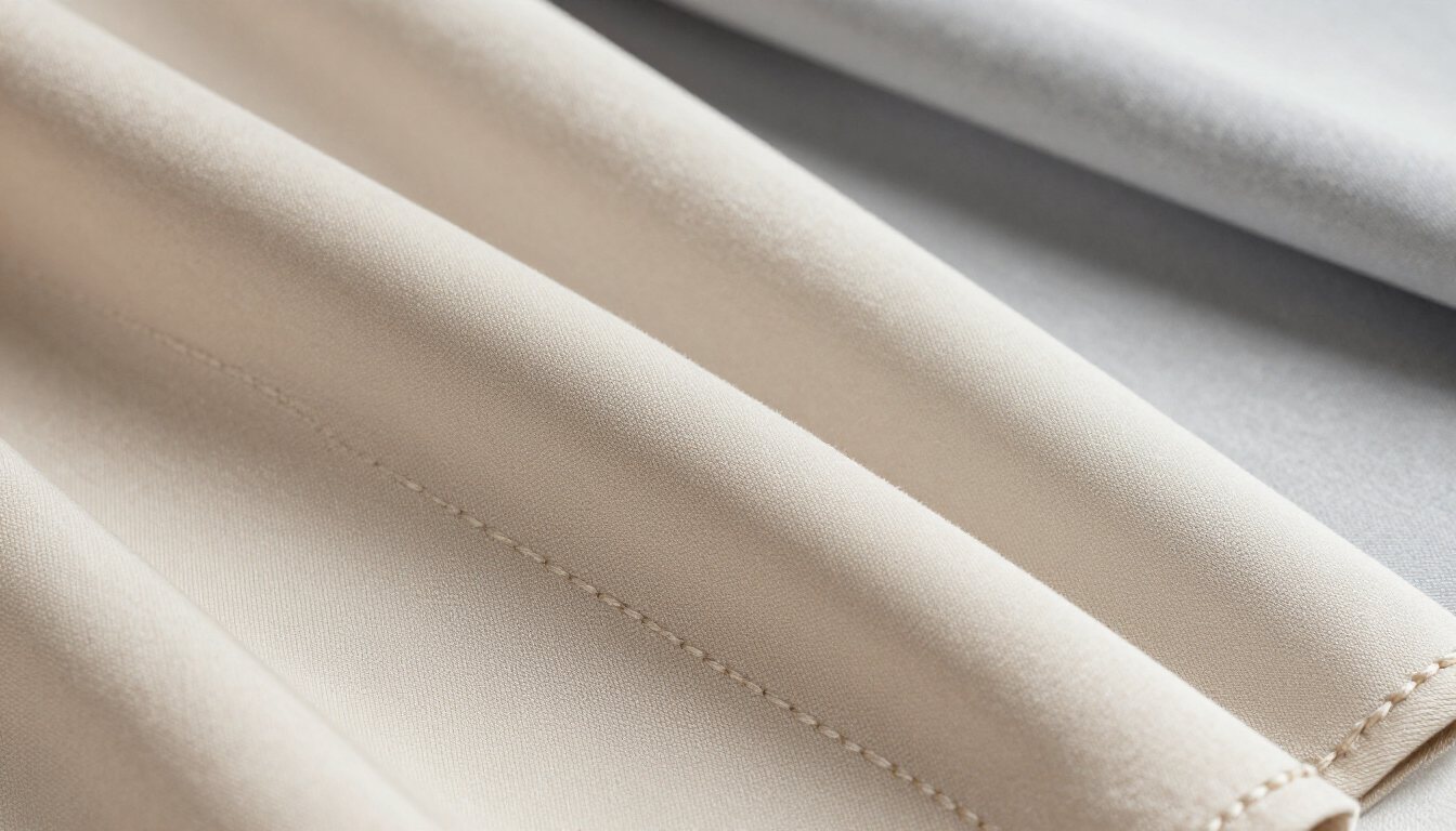 Primer plano de una tela beige doblada con textura suave y detalles de costura.