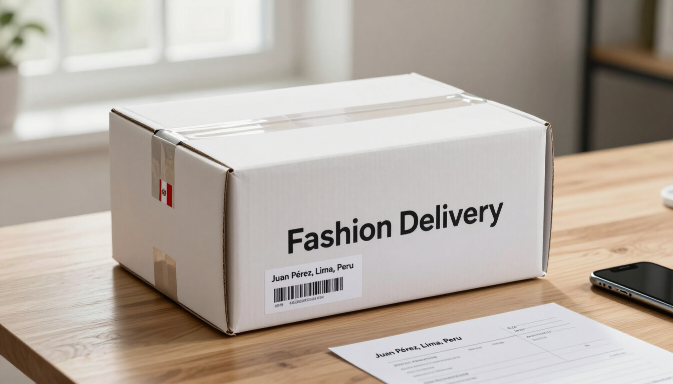 Una caja de envío blanca de “Fashion Delivery” sobre una mesa de madera junto a una ventana, con un cuaderno y un teléfono cerca.