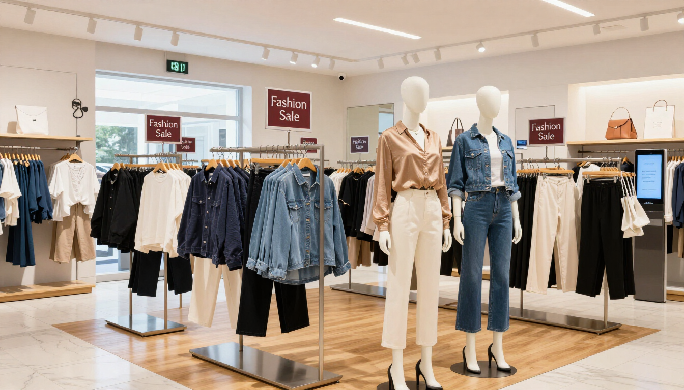 Interior de una tienda de ropa con percheros de vaqueros y chaquetas y dos maniquíes con conjuntos de mezclilla.