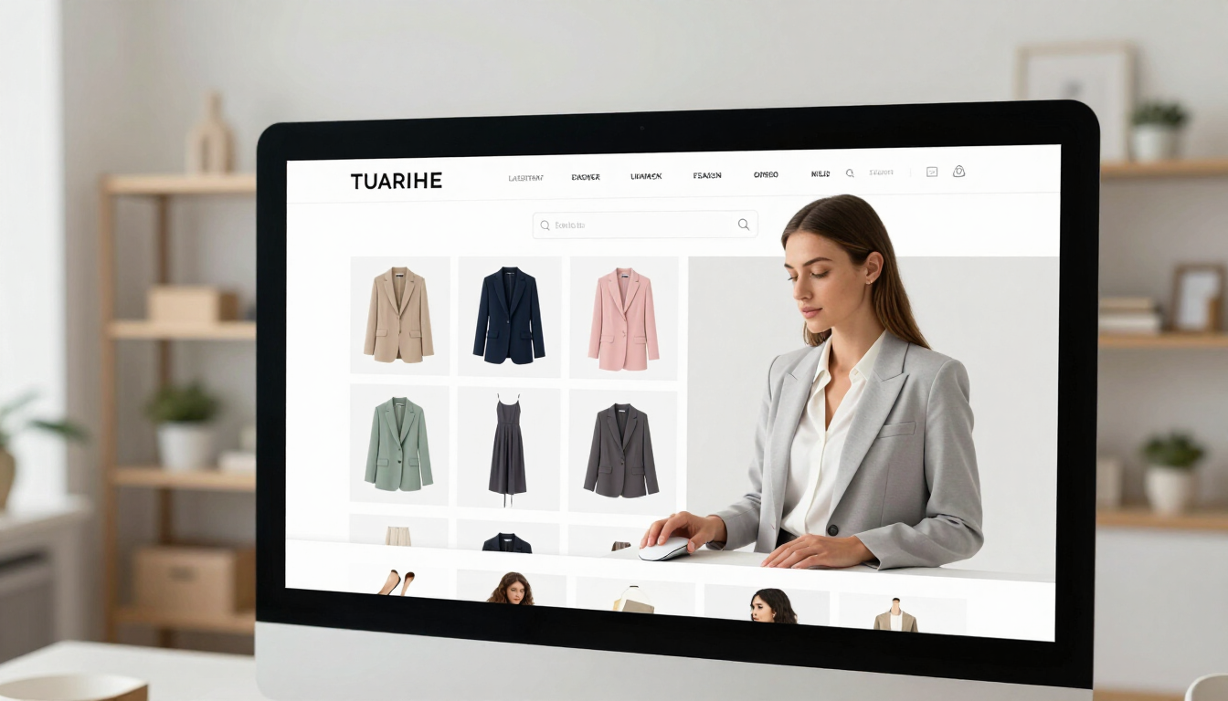 Página web de una tienda de ropa online con una cuadrícula de productos y una modelo con un blazer blanco.