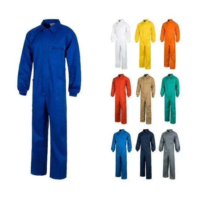 Mono azul de trabajo a la izquierda, con opciones de color mostradas a la derecha.