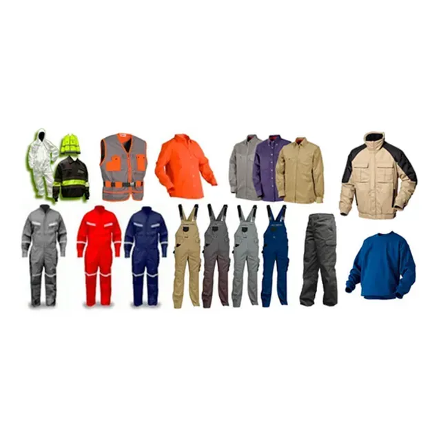 Surtido de ropa de trabajo y uniformes de seguridad: chaquetas, monos, chalecos y pantalones en colores brillantes y neutros.