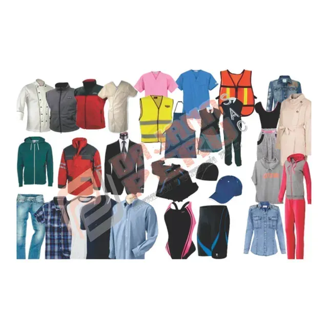 Collage de prendas de vestir variadas en diferentes colores, incluyendo chaquetas, camisas, vestidos y pantalones.