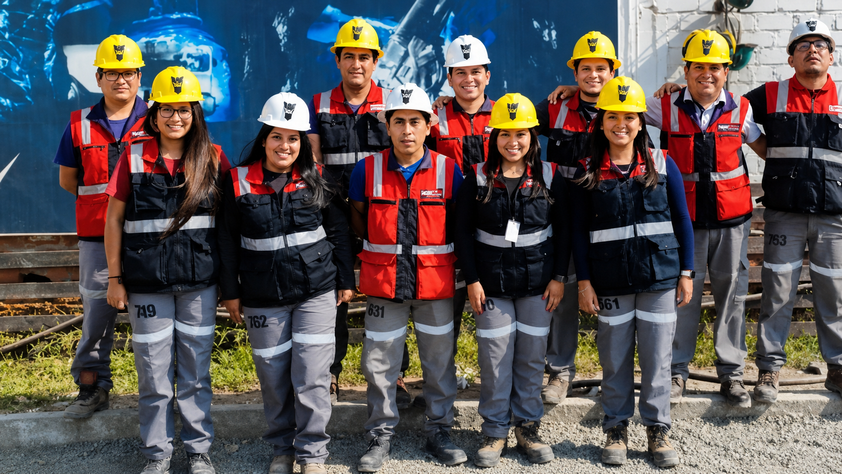 Grupo de mineros con cascos y chalecos de seguridad posando al aire libre en una obra, sonriendo para una foto.