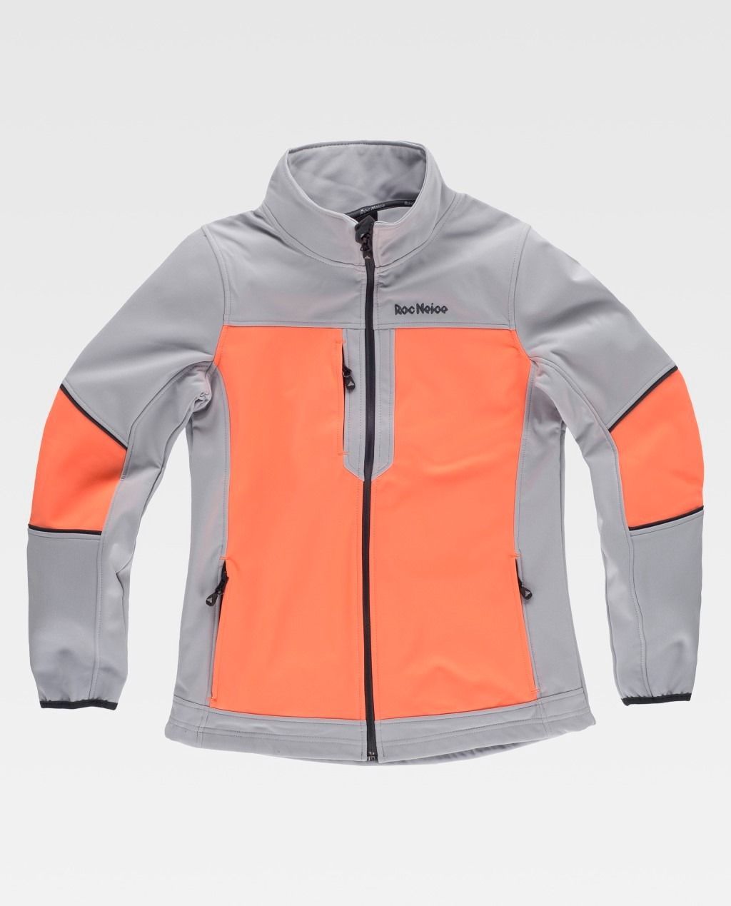 Chaqueta gris y naranja con cremallera, bolsillo en el pecho y cremallera negra, vista frontal.