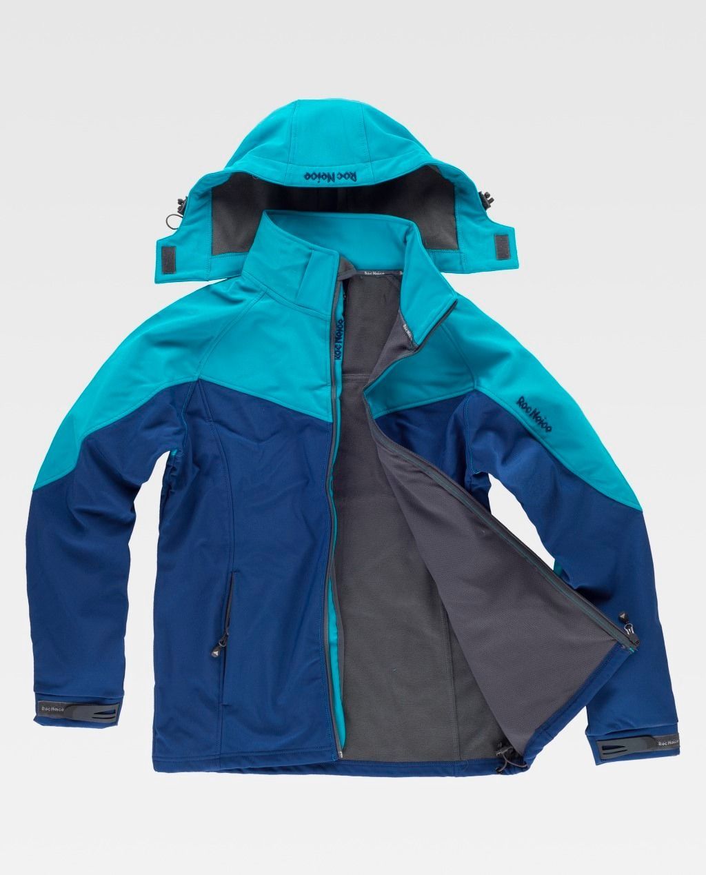 Chaqueta con capucha azul y verde azulada con forro gris, vista frontal sobre fondo blanco.